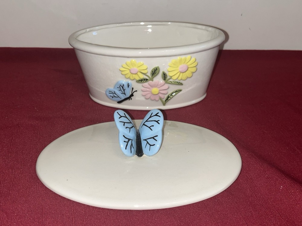 BLUE BUTTERFLY & YELLOW FLORAL OVAL CERAMIC LIDDED BATHROOM HOLDER ACCESSORY EUC