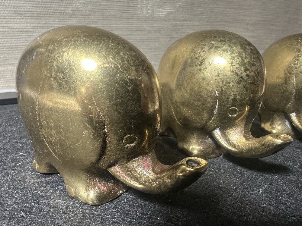 3 Vintage Hand Crafted Solid Brass Elephants Figurines