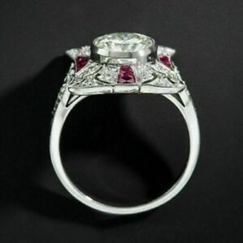 Art Deco 2.30 Ct Diamond & Ruby Vintage Engagement Ring 925 Sterling Silver