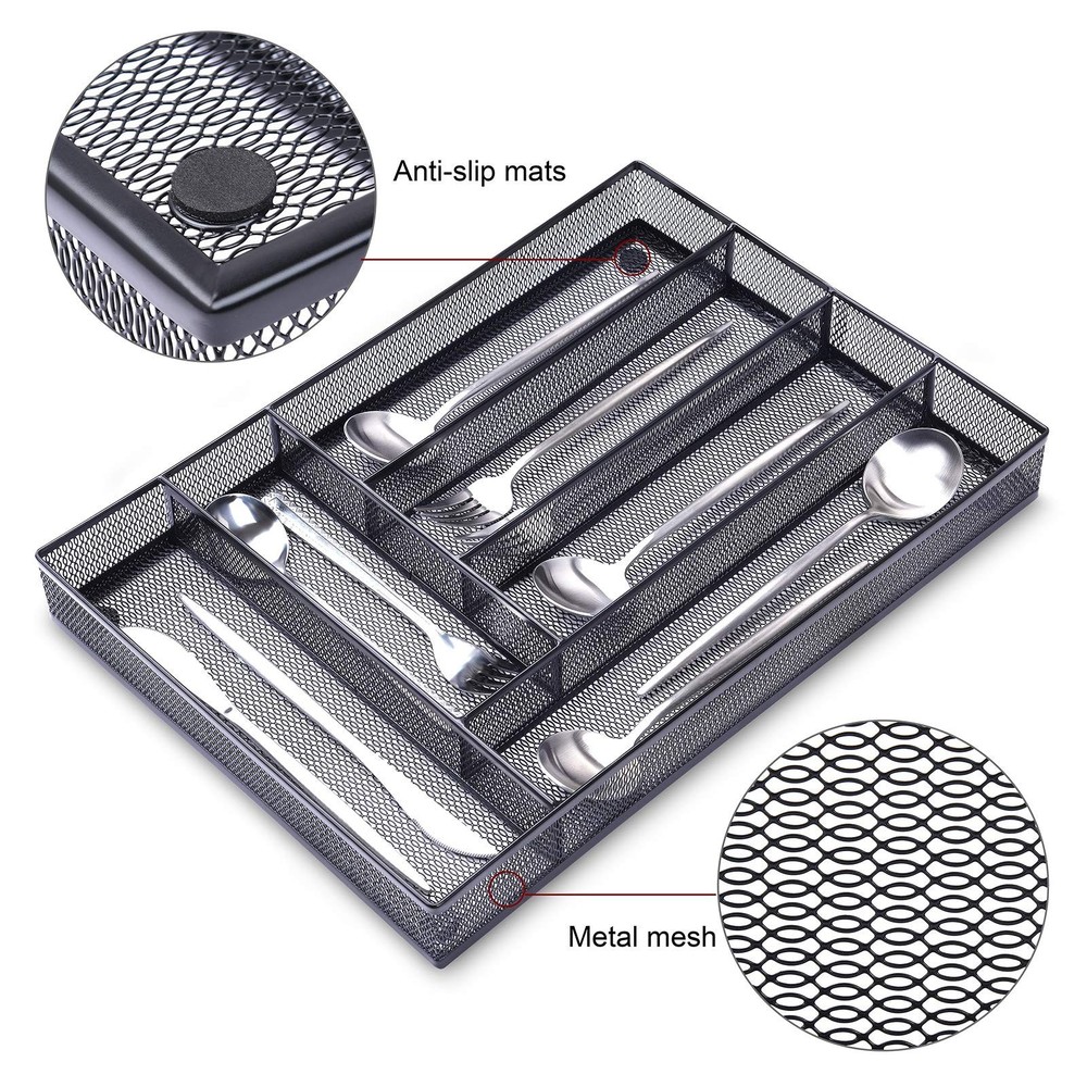 WuGeShop 6 Compartments Metal Mesh Kitchen Flatware Organizer Tray, Silverwar...
