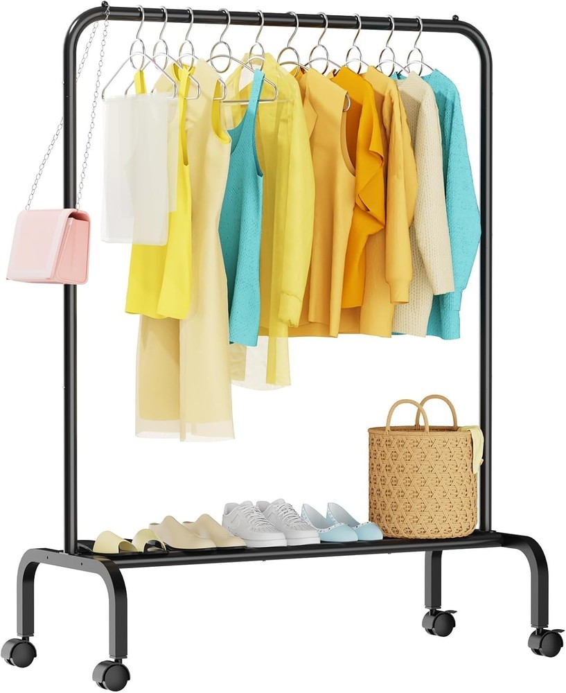 Sturdy Portable Wardrobe Rack - Rolling Black Clothes Rail with Lockable Wheels