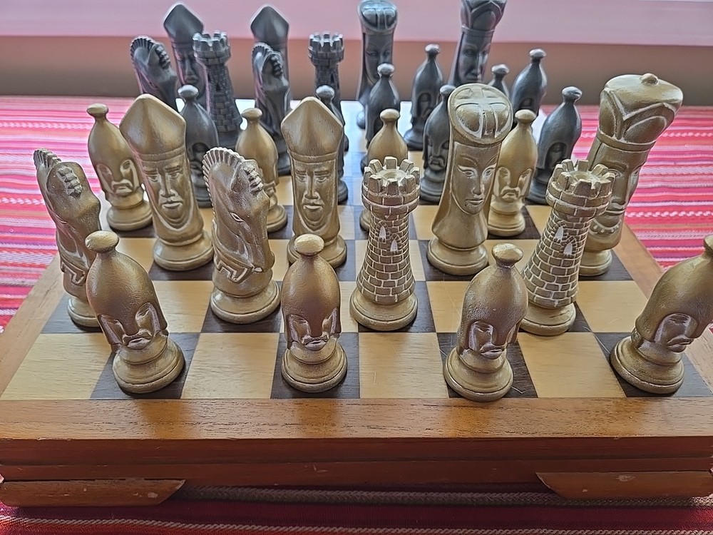 Vintage Glazed Ceramic Duncan Complete Chess Set With Board