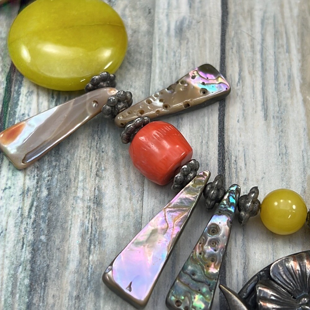 Adorned Crown Artisan Assemblage abalone shell stone floral pendant necklace
