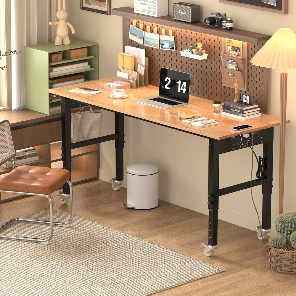 70'' Adjustable Workbench with Socket, Wheels ,Fixed Legs and Hanging Board