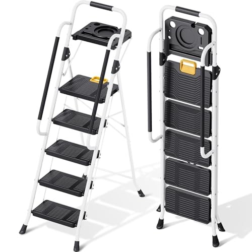 Folding 5-Step Ladder, 800 lbs Capacity Step Stool with Safety 5-STEP White