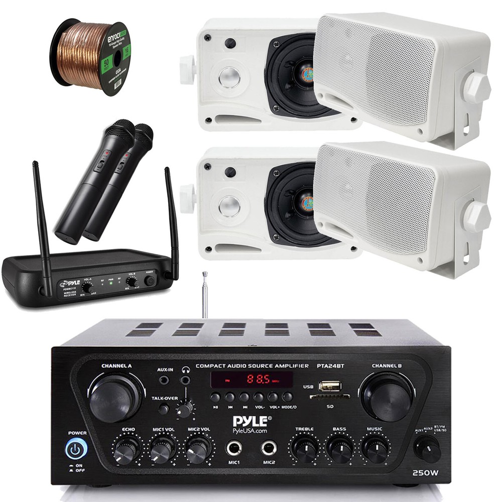 Wireless Bluetooth Receiver, Microphone Set, 4x Waterproof White Speakers, Wire