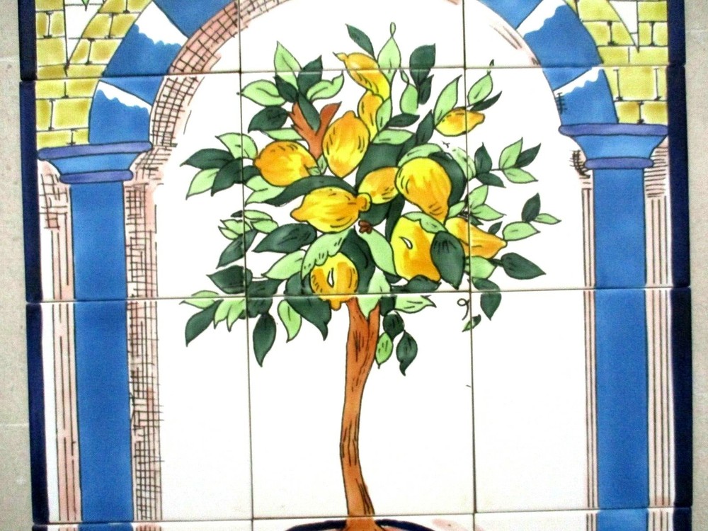 Hand Painted Ceramic tile art wall mural panel Lemon Tree BACKSPLASH 18" x 24"