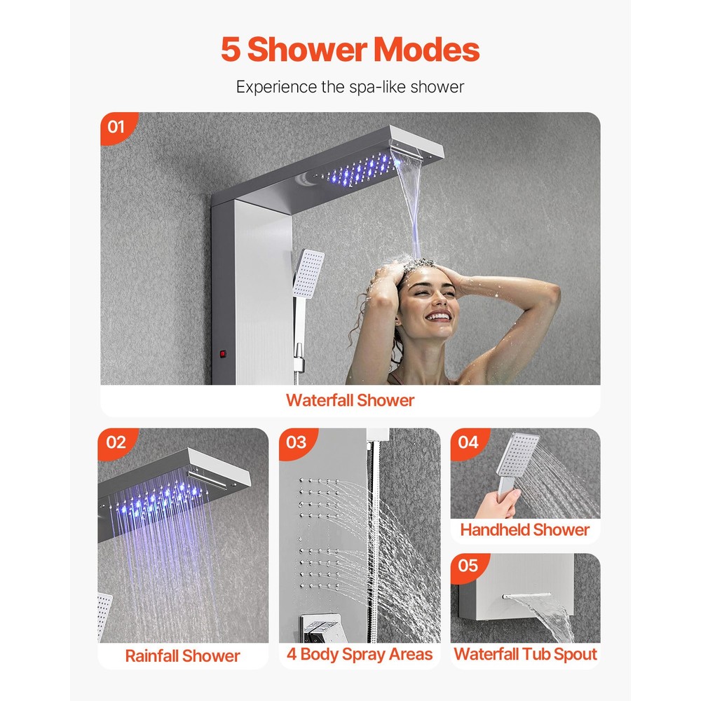 Shower Panel Tower System Stainless Steel Column Rainfall Waterfall Head 5 Modes