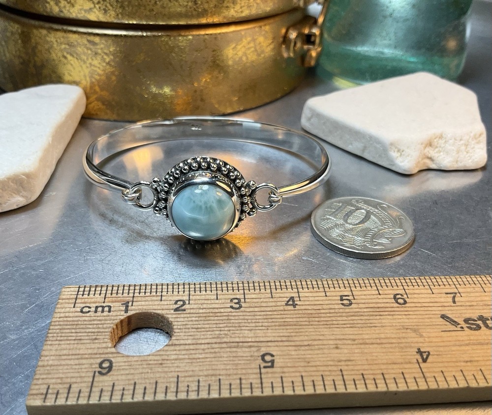 Genuine 925 Sterling Silver Larimar Gemstone Solid Clasp Bangle