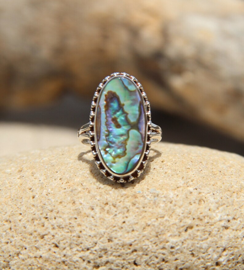 Gorgeous Abalone Shell Gemstone 925 Sterling Silver Handmade Ring All Size