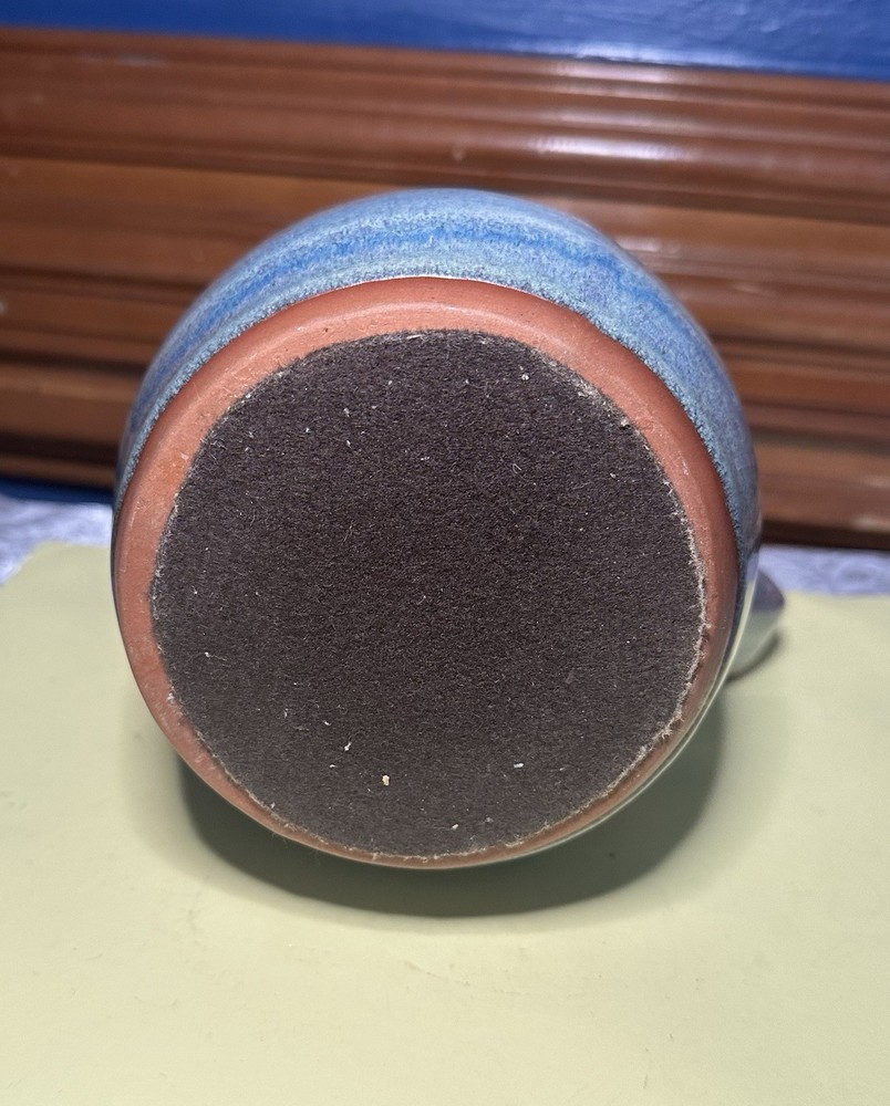 Vintage Stoneware Blue Drip Glazed Pitcher with Handle 9” Tall