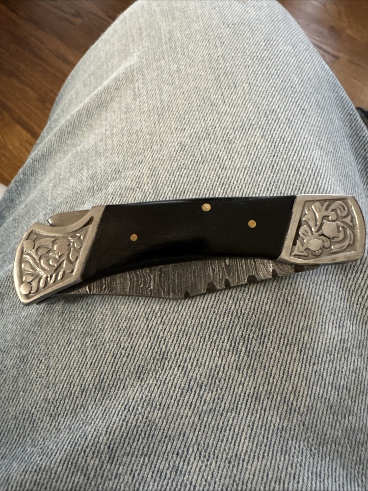 Handmade Damascus Folding Knife and Leather Case