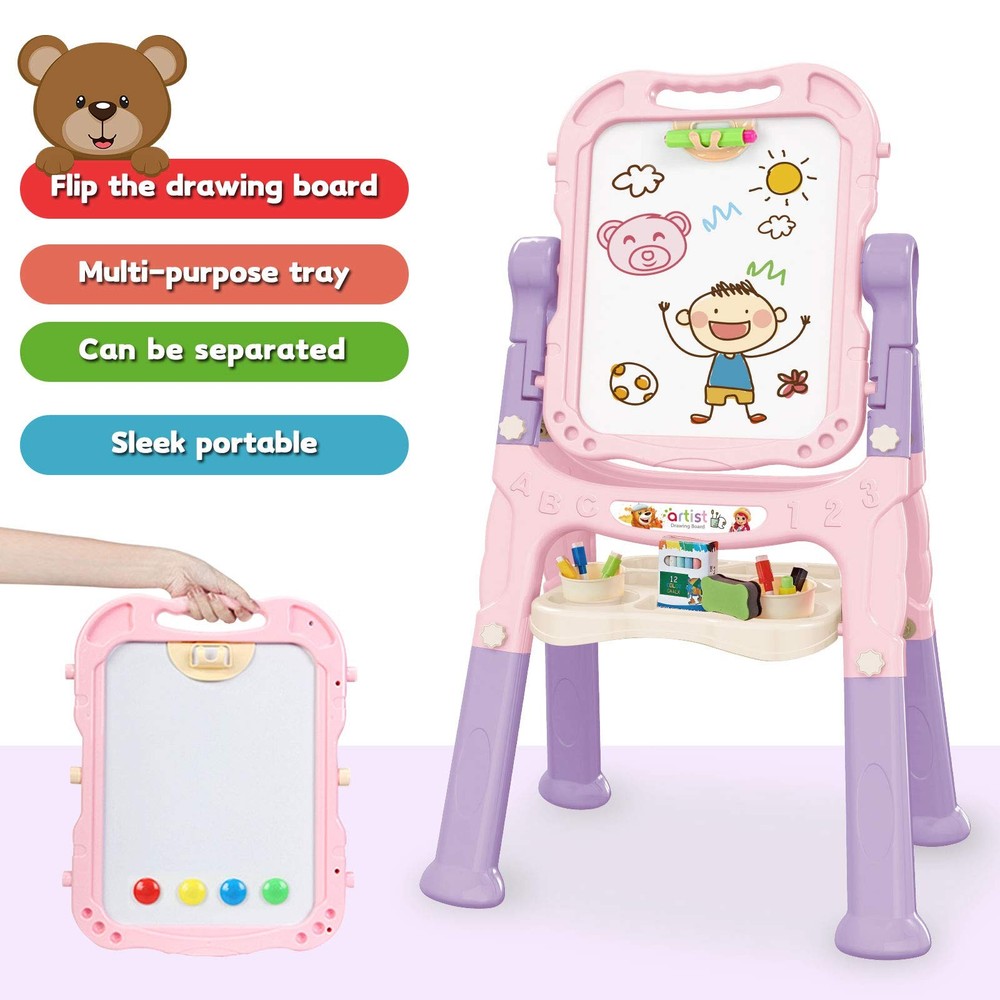 Mojitodon Art Easel for Kids, Adjustable Standing Rotatable Double Sided Pink