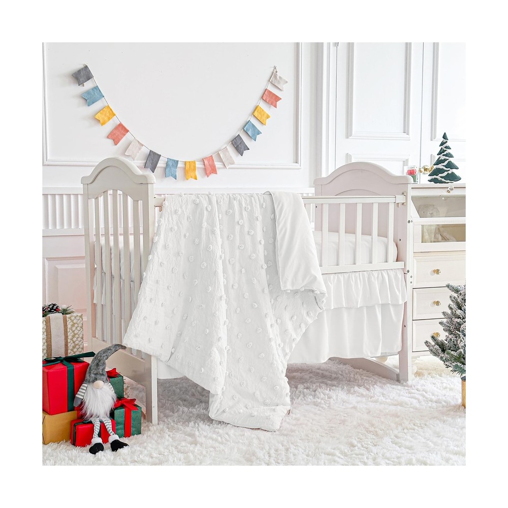 White Crib Bedding Set Tufted Dots Jacquard Baby Comforter with Fitted Sheet ...
