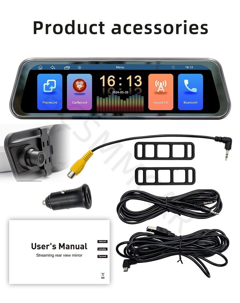 Car Rear View Mirror DVR Video Recorder Touch Screen For CarPlay Android Auto