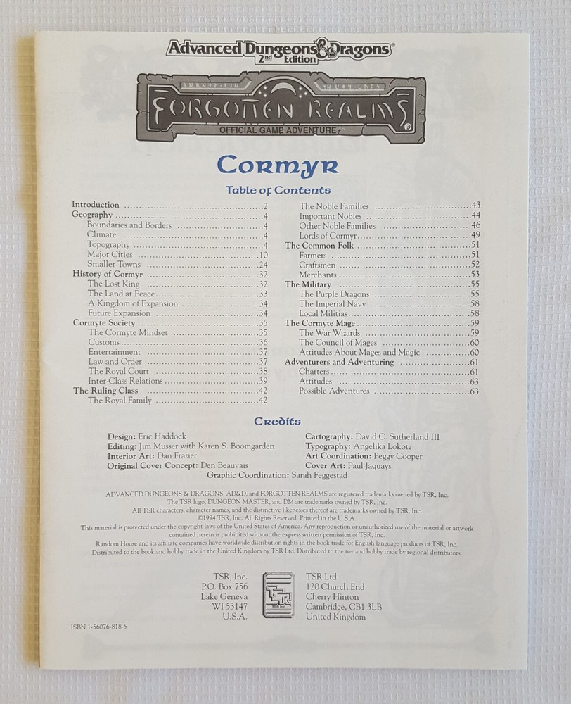 CORMYR FORGOTTEN REALMS 2ND EDITION DUNGEONS & DRAGONS TSR WITH MAP
