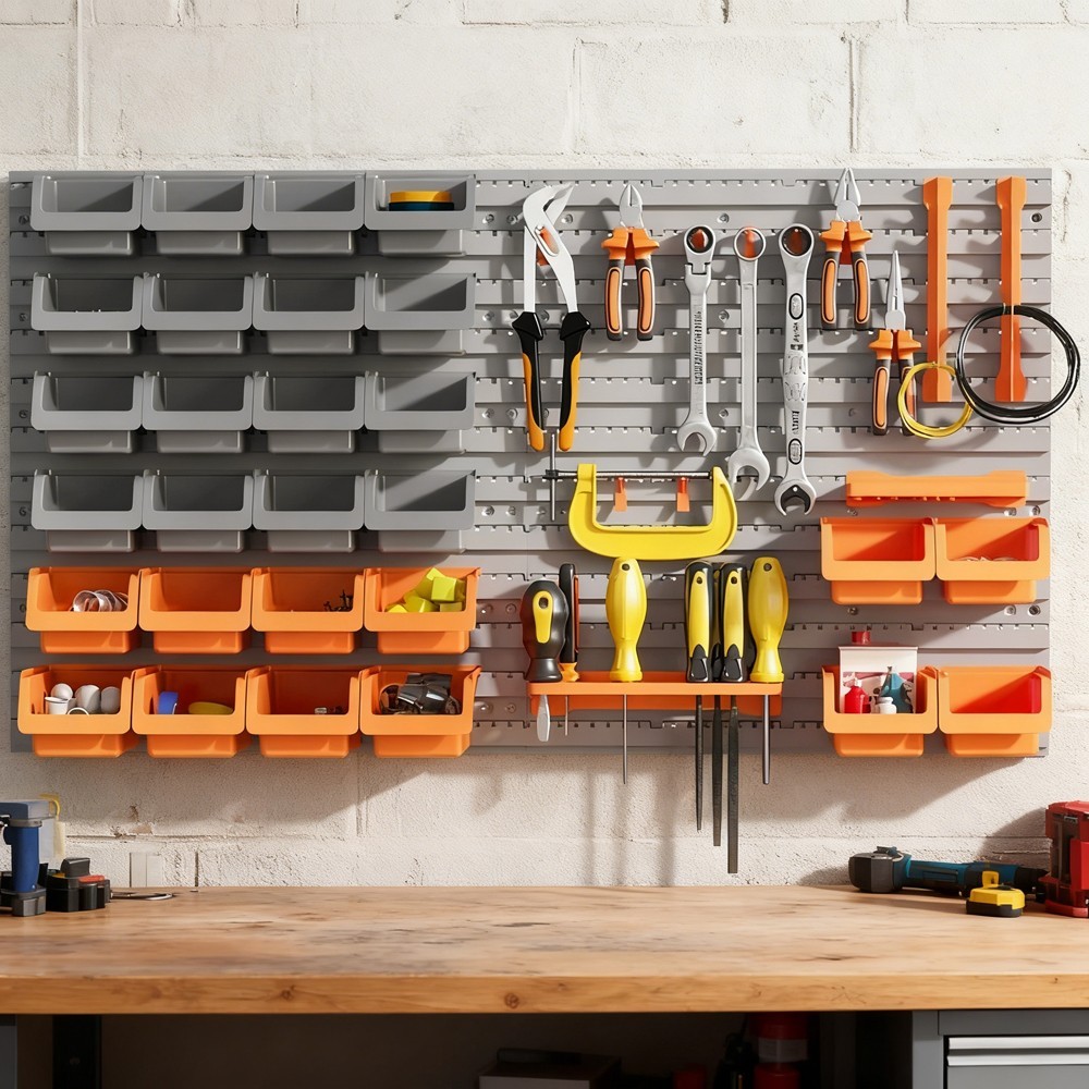 44PCS Pegboard Tool Organizer – Orange Garage Storage w/ Bins, Hooks & Pegboard