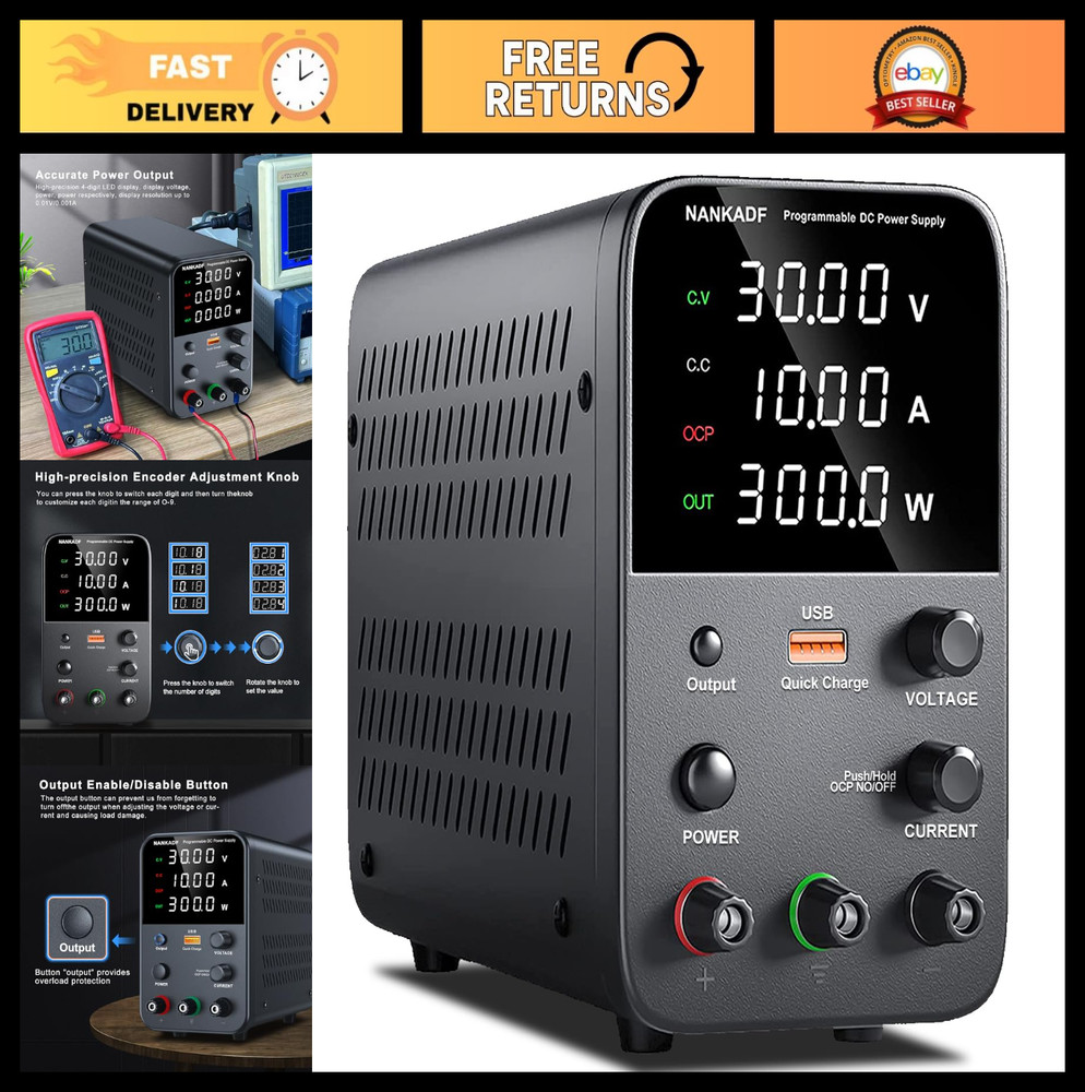 Variable DC Power Supply, Adjustable Bench Power Supply 30V 10A, USB Quick Charg