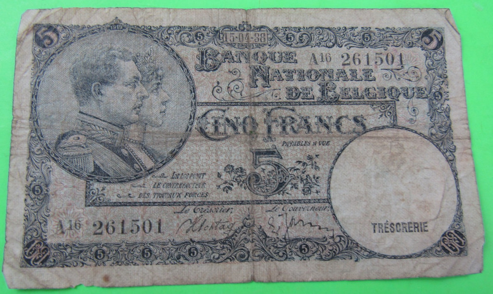 BELGIUM, 5 FRANCS, P#108a, 1938