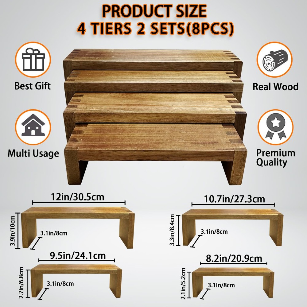 8Pcs Wood Risers Display Stands 2 Set, 4 Tier Rectangular Spice Rack for Food...