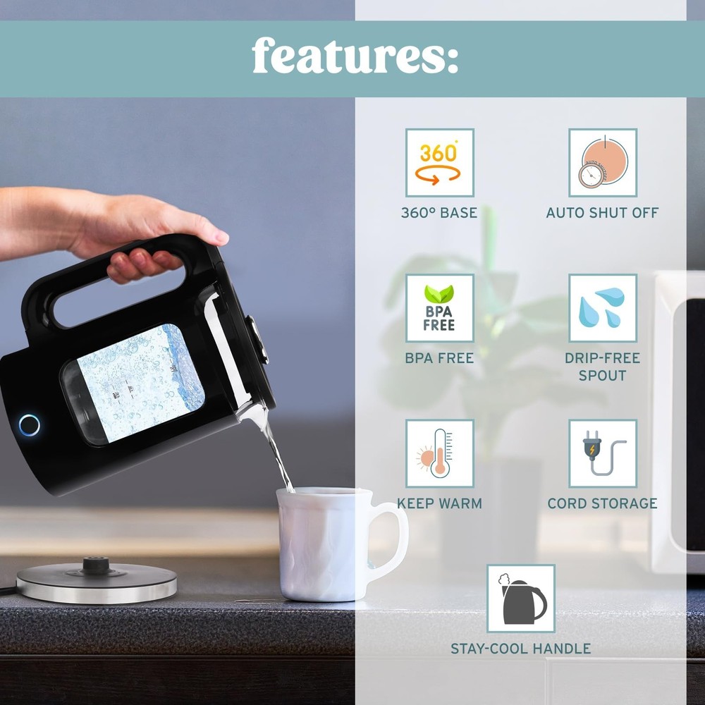 NELO Electric Kettle with Keep Warm Function, Sleek Glass Window Double Wall ...