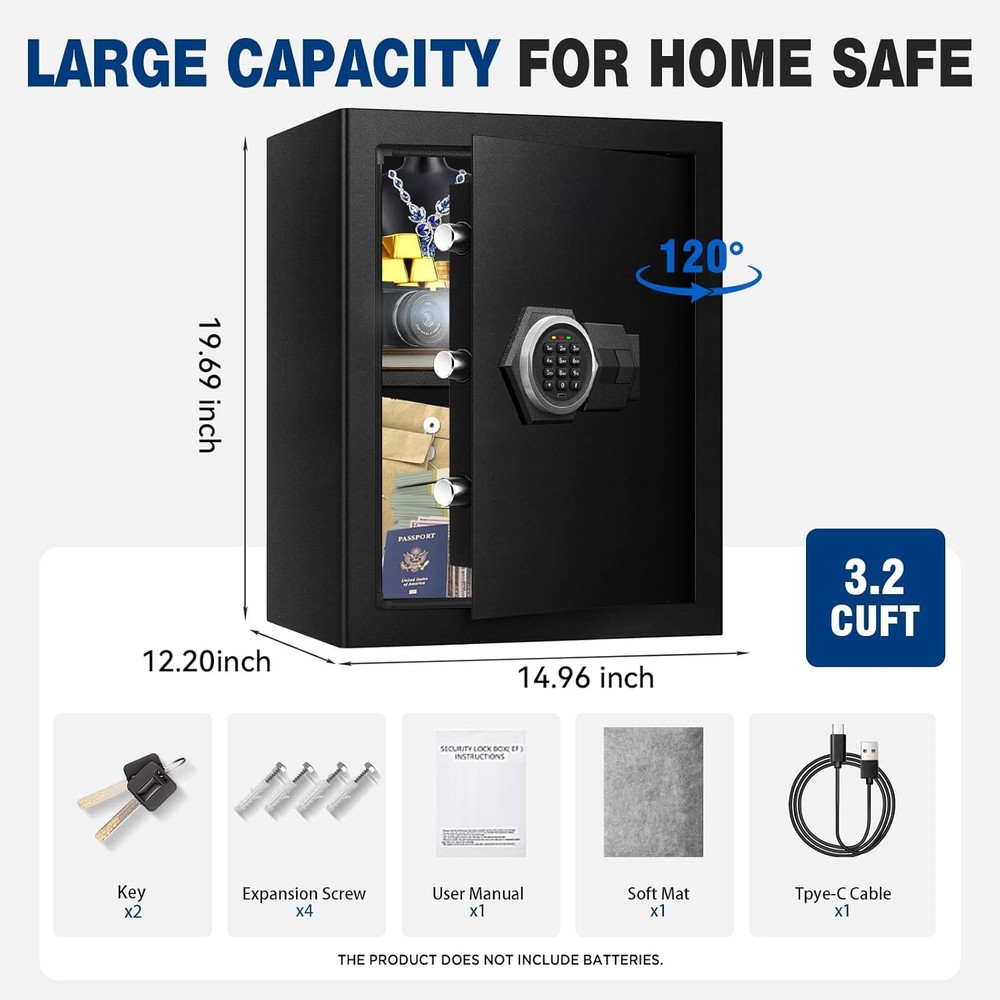 Fireproof Home Safe Box- Steel Digital Combination Lock Security Box with Type-C