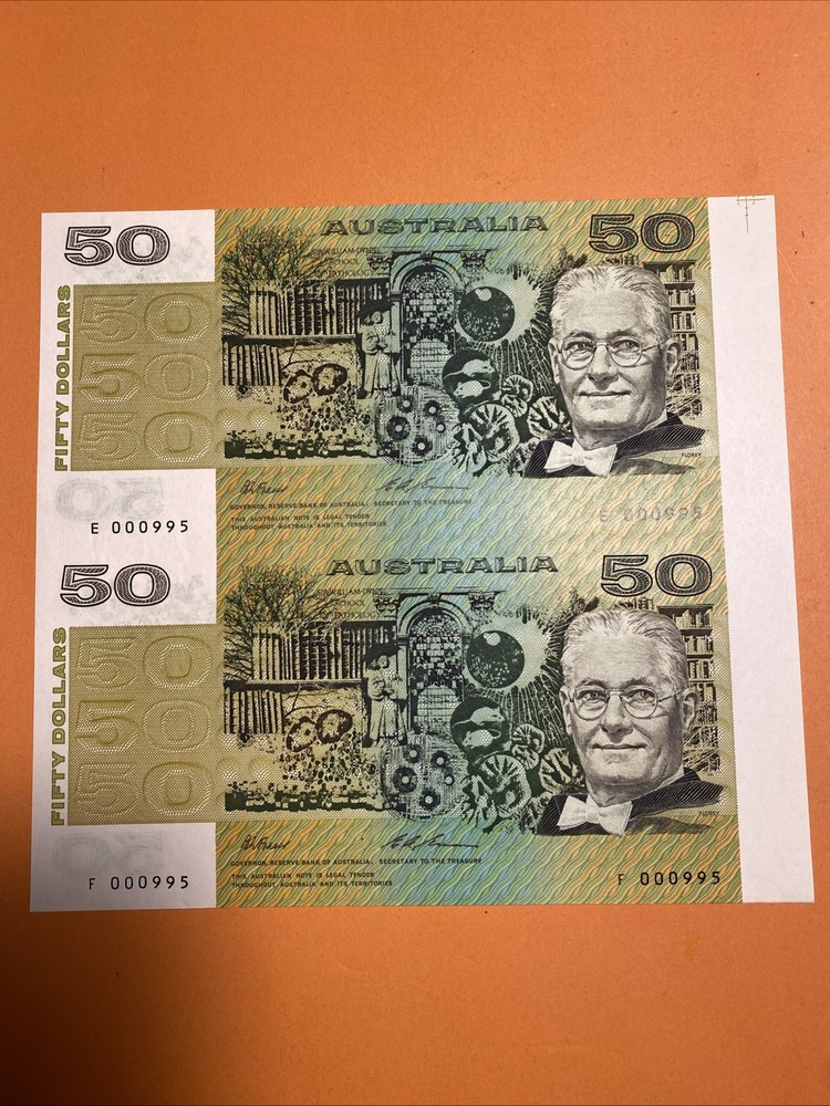 Australia $50 2pcs Uncut Notes Serial Number F 000995 With Folder
