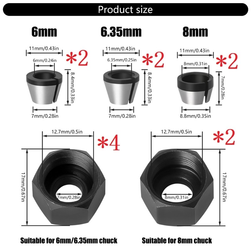 Multiple Size Collets 12 Pack For Woodworking Application Finishing Tool