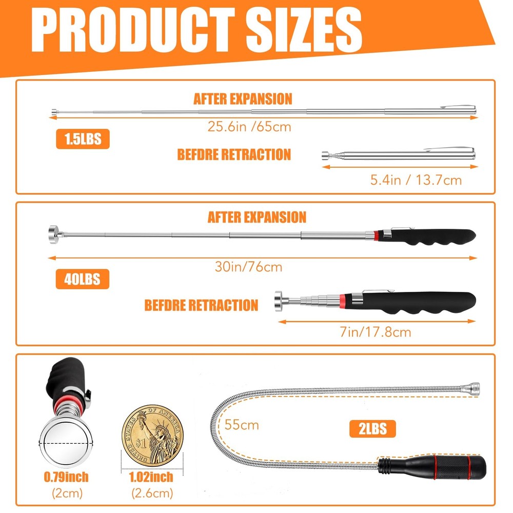 Magnetic Pickup Tool 4 Pack | 40lb Pull Force, 30in Telescoping Steel