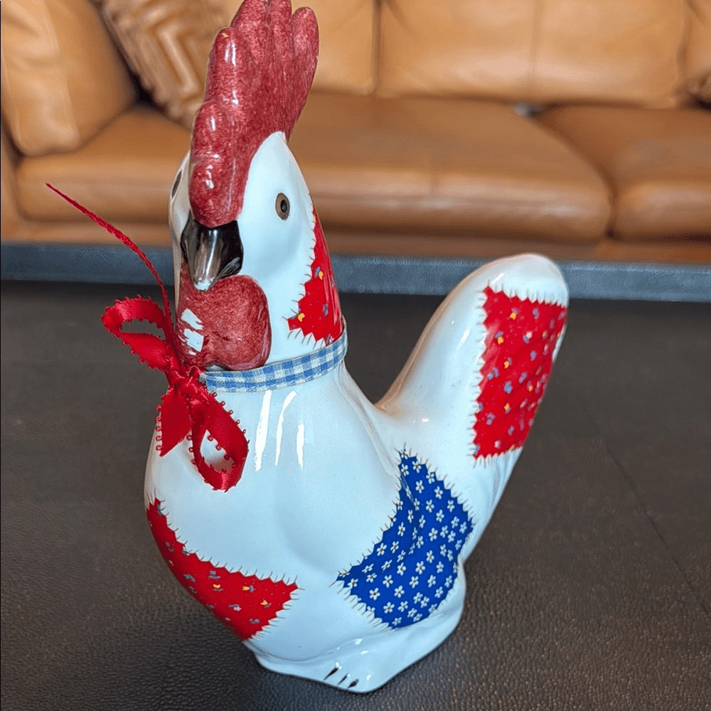 Patchwork Rooster Figurine - Red, Blue, and White Ceramic