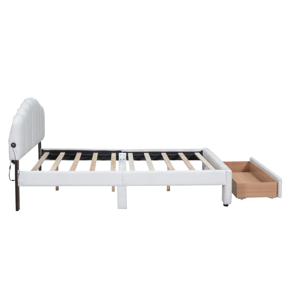 Queen Size Bed Frame Upholstered Platform Bed with Drawers White/Beige/Gray US