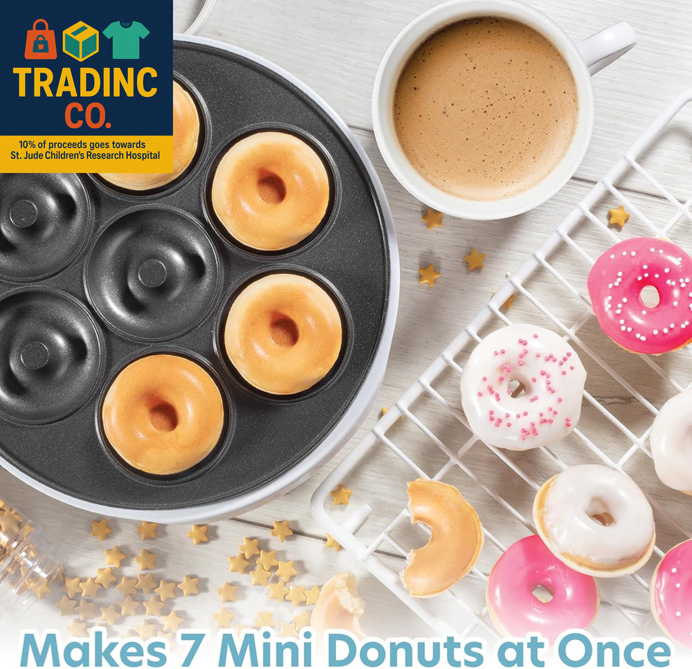 Mini Donut Maker- Electric Nonstick Surface Makes 7 Small Doughnuts- Decorate Fr