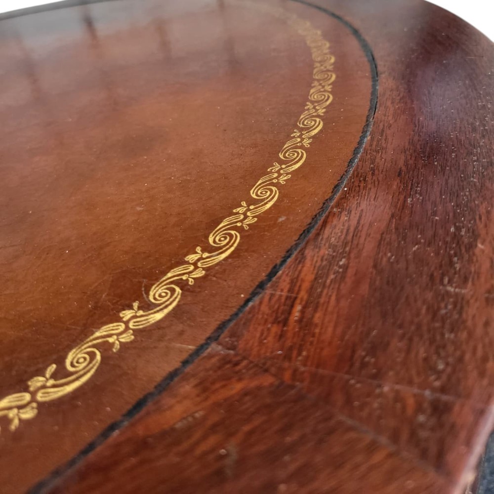 1940s Mahogany Round Side Table with Tooled Leather Top and Brass Pull Decor