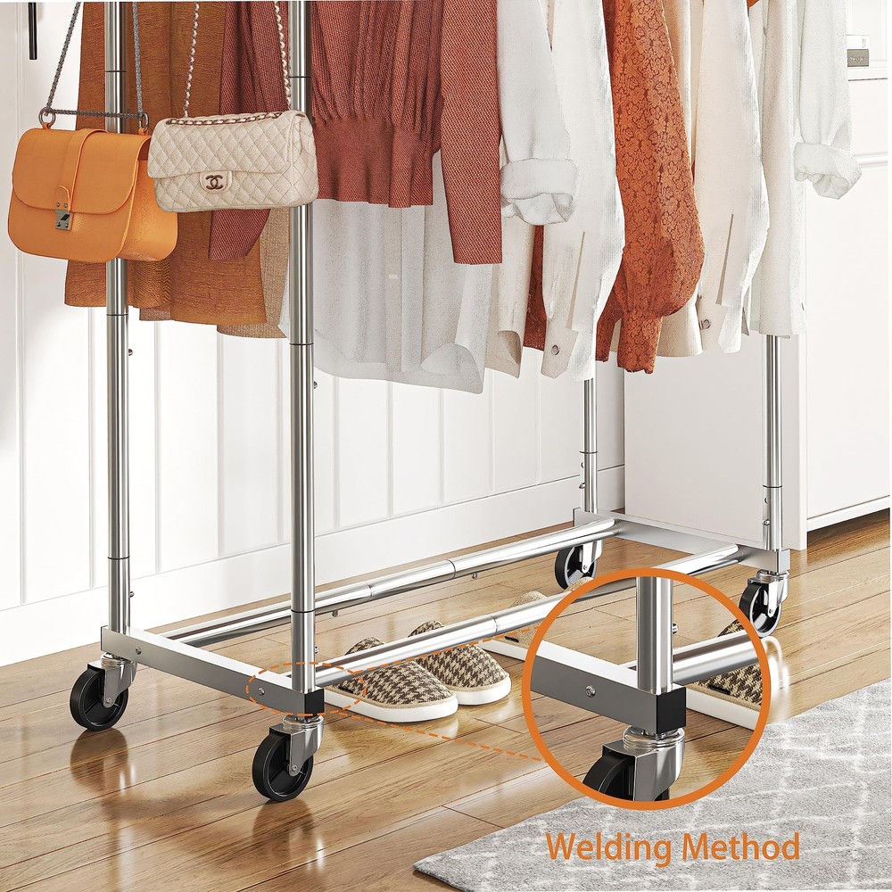 Double Rod Garment Rack Rolling Clothes Organizer Chrome