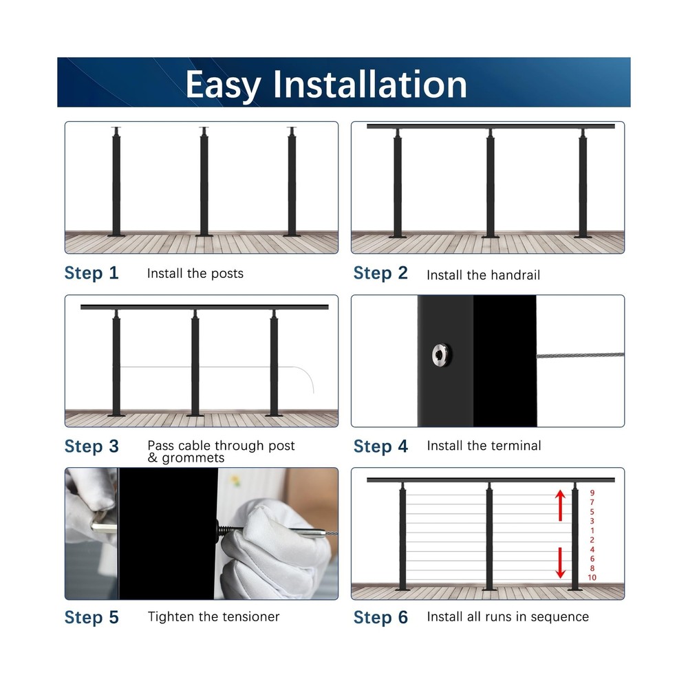Cable Railing System - 4Pack Adjustable Line Post Kit with 160ft Cable, 10 Te...