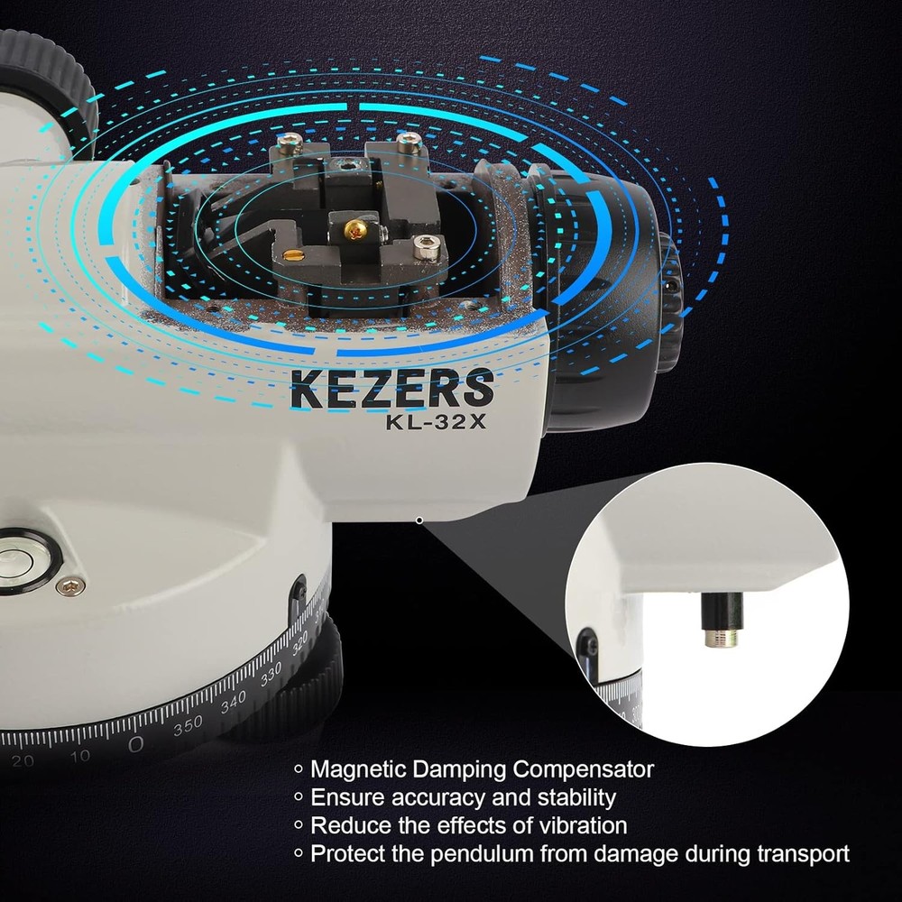 KEZERS 32X Automatic Optical Level Kit with Tripod, Self-Leveling Silver