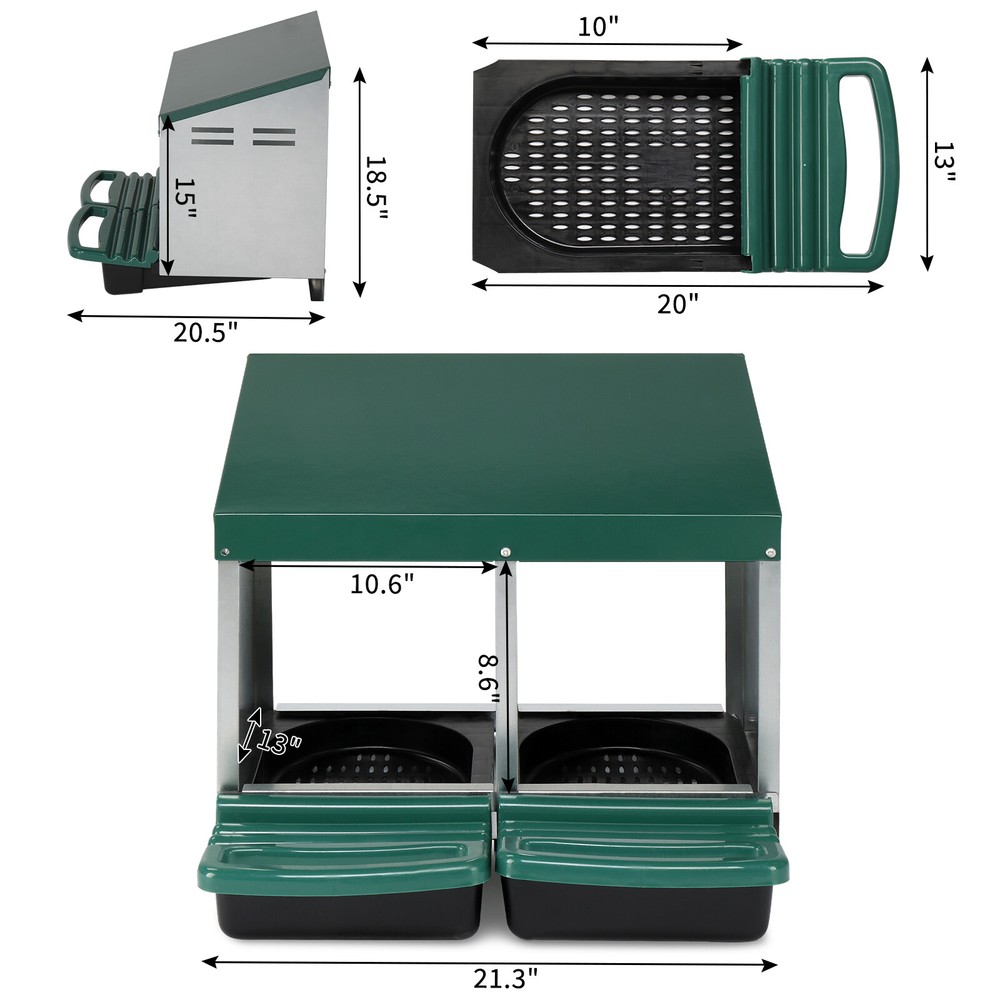 2 Compartment Roll Out Chicken Nesting Box W/ Plastic Basket Egg Nest Box Green