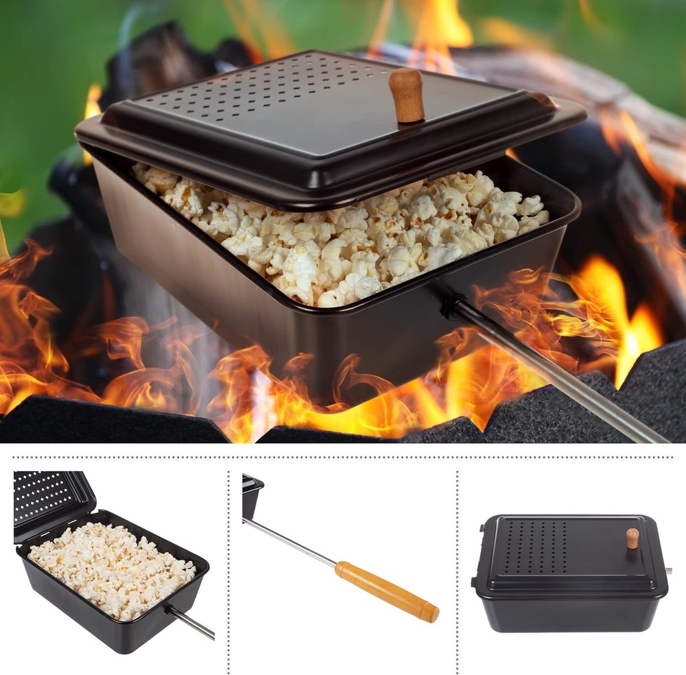 Campfire - Popcorn Maker with Non-Stick Coating and Extended Handle (Black)