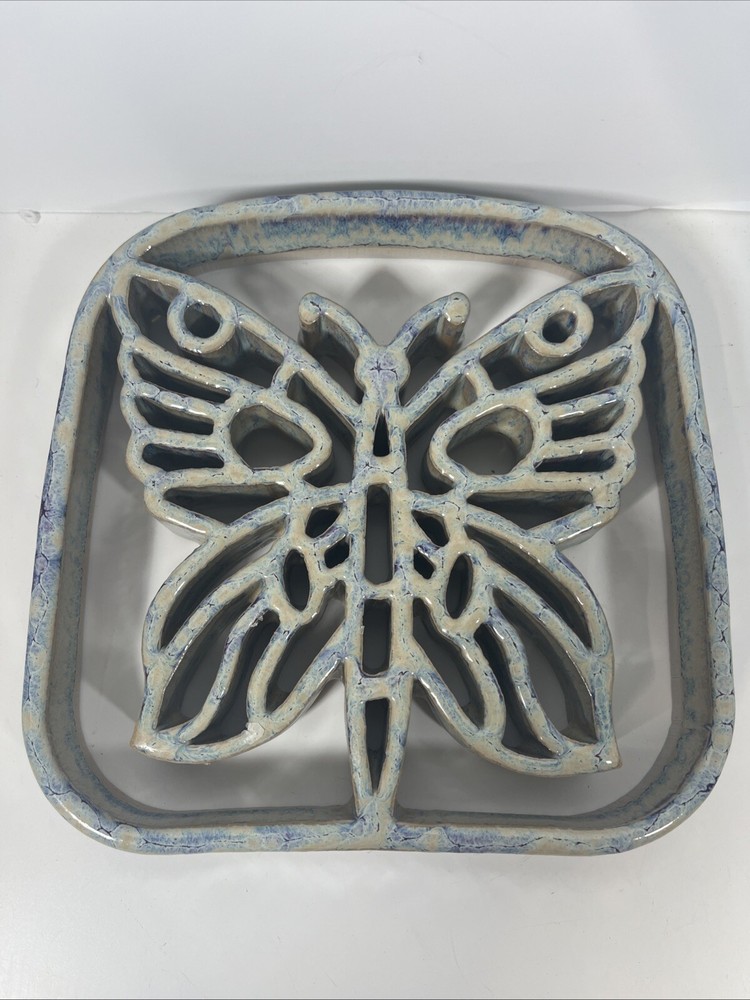 Tie Dye Colors Glazed Ceramic Butterfly Kitchen Trivet - Heavy Square