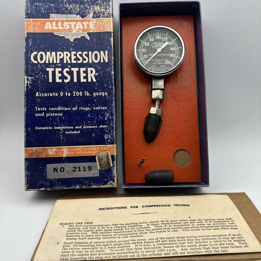 Allstate Engine Compression Tester Gauge, Vtg Automotive Diagnostic Tool