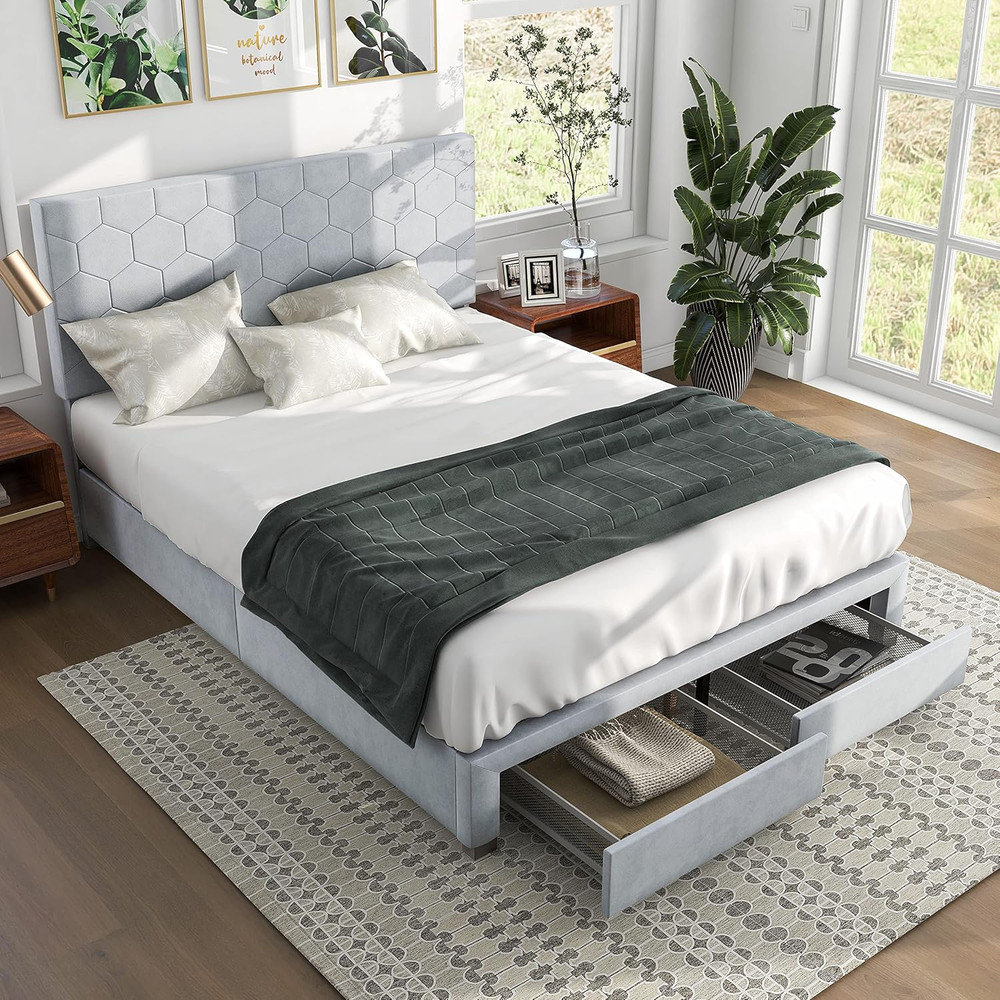 Stylish Light Gray Queen Bed with 2 Drawers - No Box Spring Required