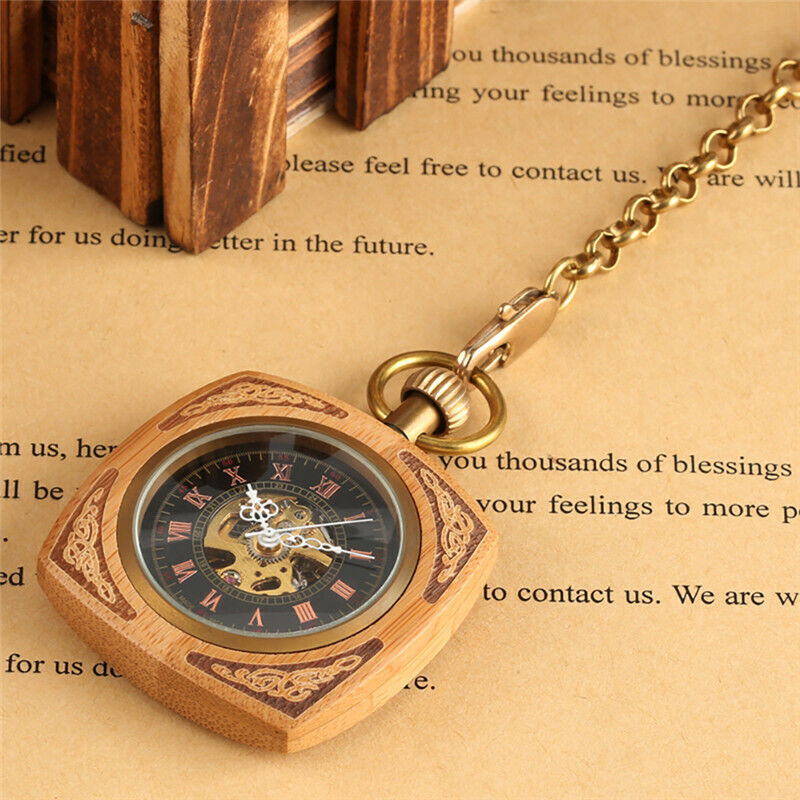 Steampunk Mechanical Automatic Skeleton Men Women Pocket Watch Square Case