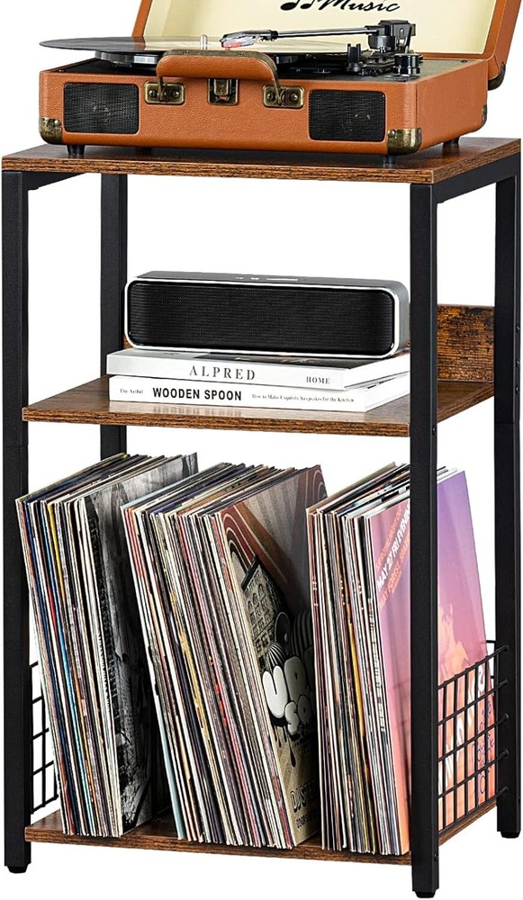 Compact 3-Tier End Table with Vinyl Storage - Stylish Design for Small Spaces