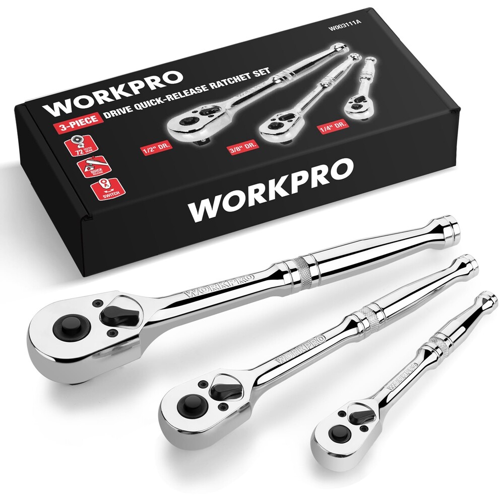 WORKPRO 3PC Ratchet Set Quick Release Reversible 72-Tooth 1/4" 3/8" 1/2" Drive