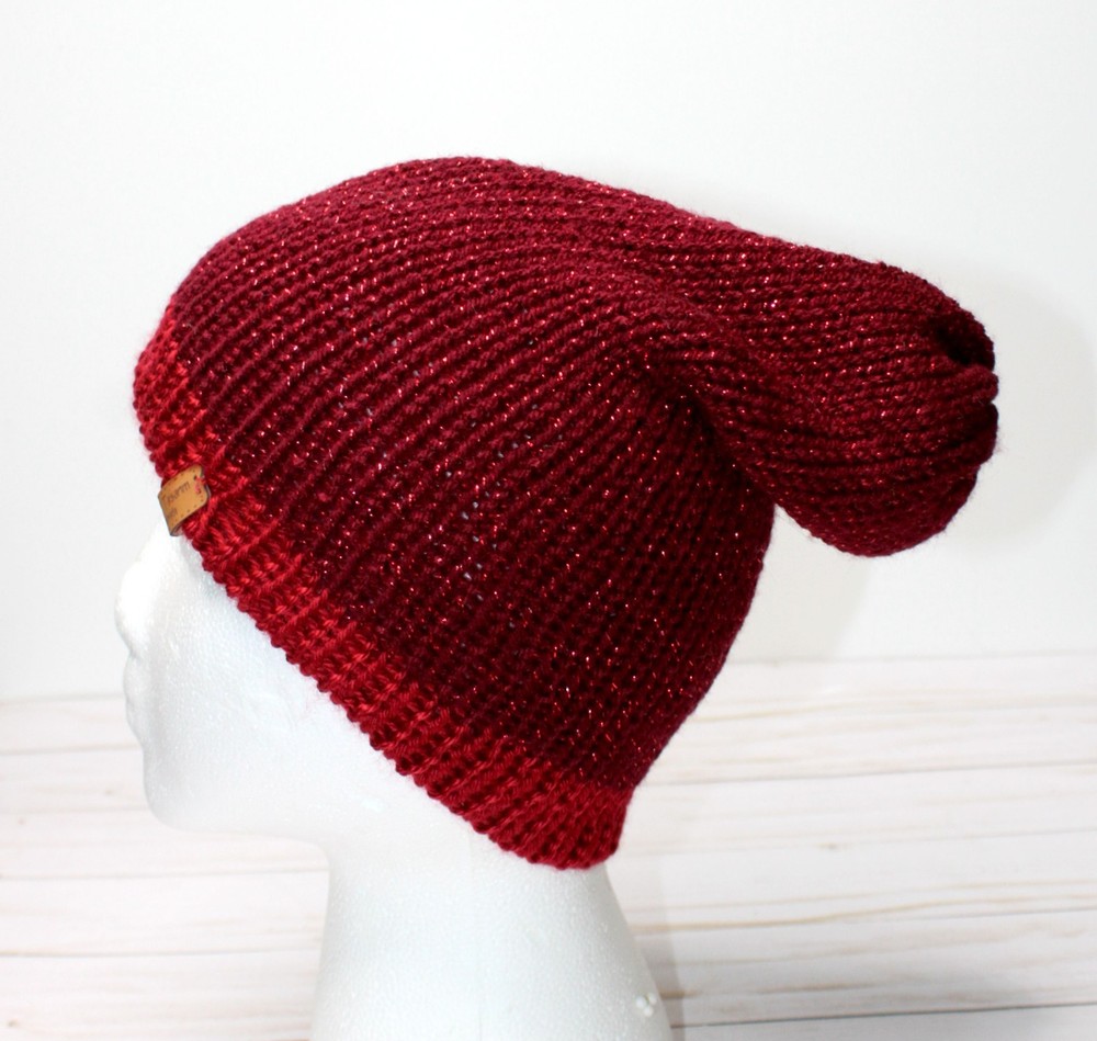 Hand Crocheted Red Glittery Yarn Hat, Double Sided / Reversable Use