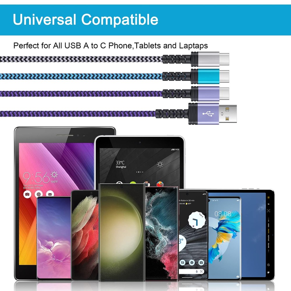 S23 USB Type C Cable Fast Charging Android 6ft C Cable, White+Purple+Blue