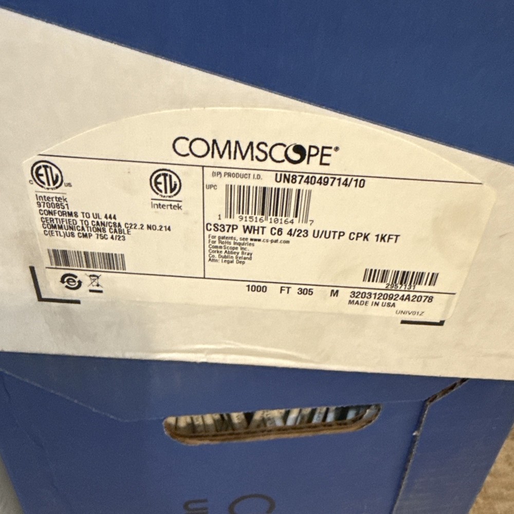 CommScope CS37P CAT6 Cable | Plenum 23AWG U/UTP | White Jacket (382 Feet)