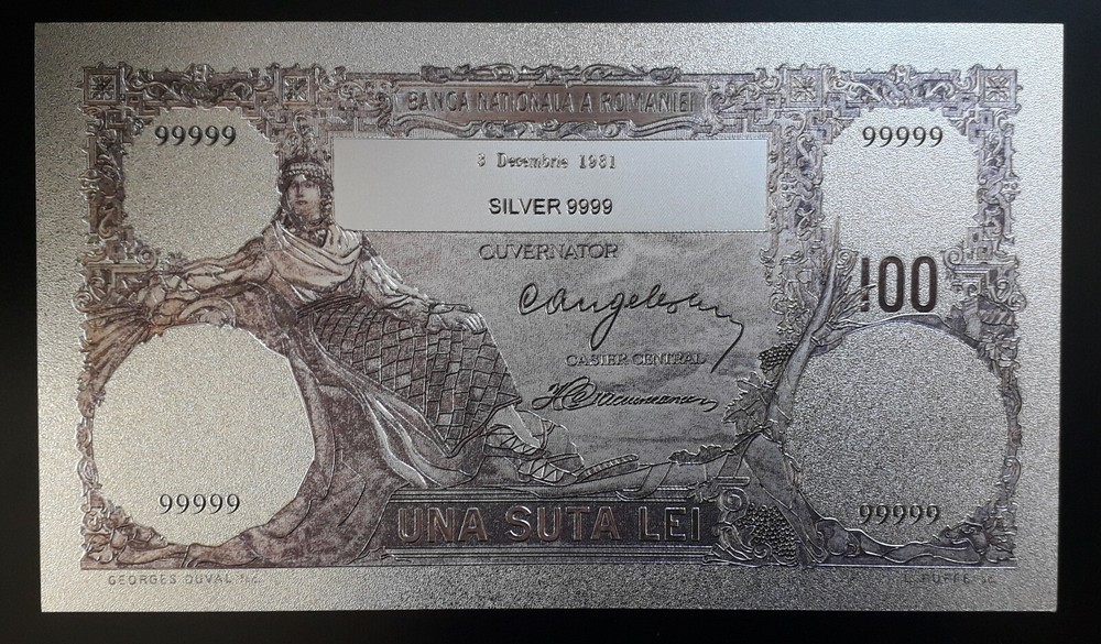 ROMANIA 100 LEI 1931 SILVER PLATED POLYMER BANKNOTE