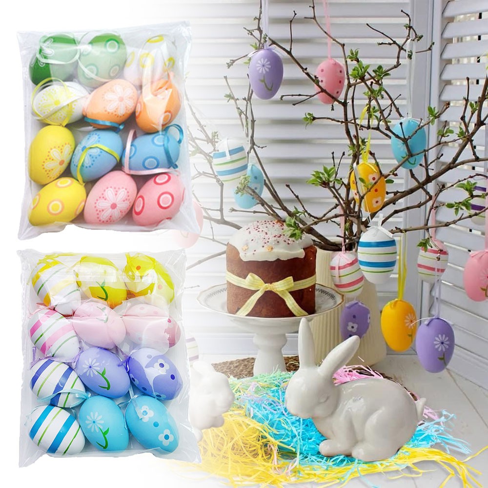 Easter Eggs Decorations,12Pcs Easter Eggs Hanging Ornaments,Painted Egg CW