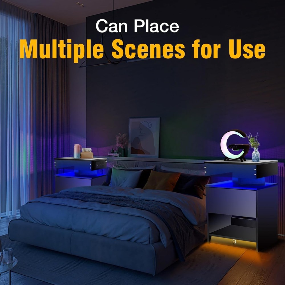 2 Pack Bedside Table with LED Light USB Charging